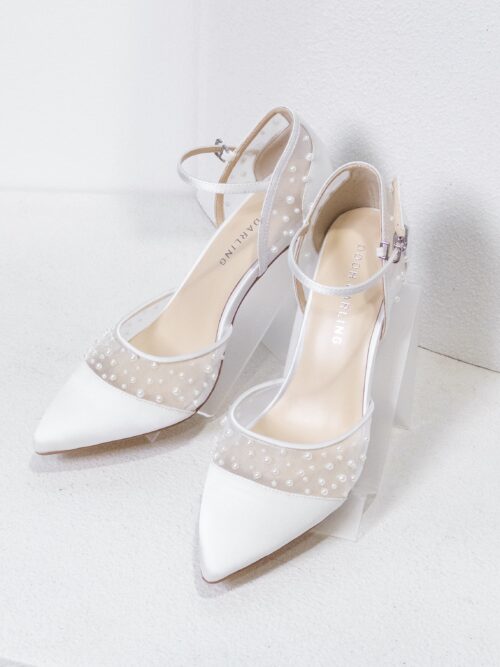 Beverly </br>White Satin Toe Cap Heels